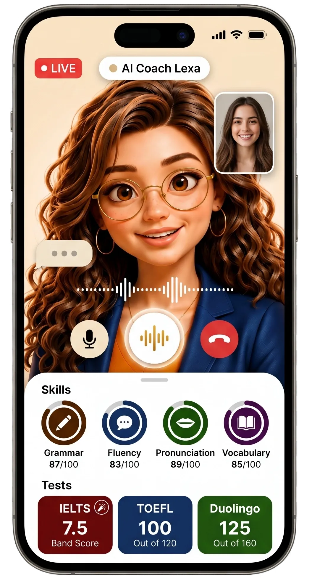 LexaGPT live AI conversation and speaking feedback interface